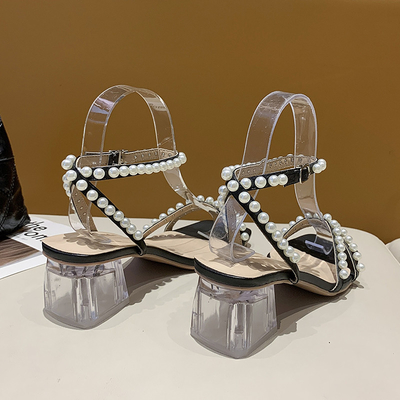 Διαφανής υψηλή τετραγωνική νέα κυρία Sandals Pearl Beautiful Soled τακουνιών παχιά